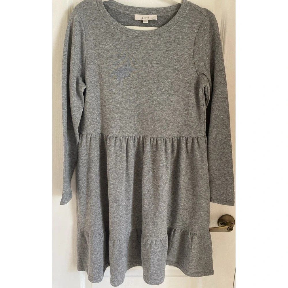 $69 NWT LOFT Dress Tiered Babydoll Women Grey Long Sleeve French Terry 559457 M